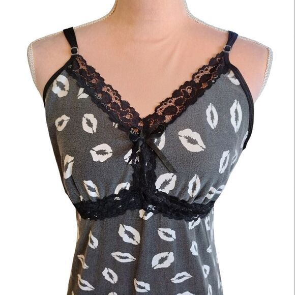 Y2K Black White Lip Prints Lace Trimmed Mini Slip Chemise Large - Picture 4 of 11